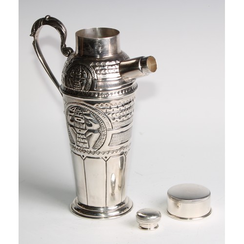 1071 - A South American Art Deco period silver cocktail shaker, embossed with stylised geometric Pre-Columb... 