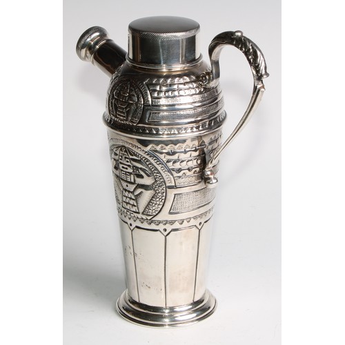 1071 - A South American Art Deco period silver cocktail shaker, embossed with stylised geometric Pre-Columb... 