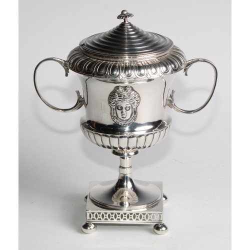 1077 - A Swedish Neo-Classical silver two-handled campana pedestal sweetmeat vase and cover, applied with a... 