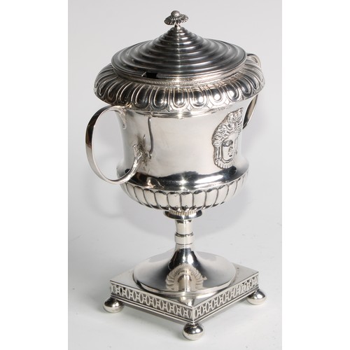 1077 - A Swedish Neo-Classical silver two-handled campana pedestal sweetmeat vase and cover, applied with a... 