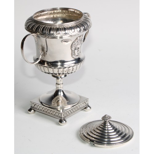 1077 - A Swedish Neo-Classical silver two-handled campana pedestal sweetmeat vase and cover, applied with a... 