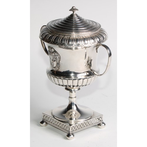 1077 - A Swedish Neo-Classical silver two-handled campana pedestal sweetmeat vase and cover, applied with a... 