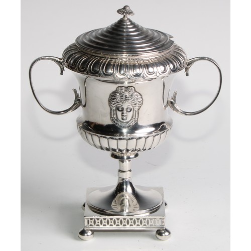 1077 - A Swedish Neo-Classical silver two-handled campana pedestal sweetmeat vase and cover, applied with a... 