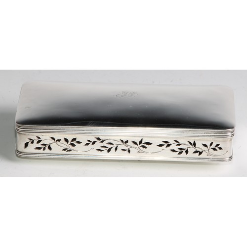 1194 - An unusual George IV silver rounded rectangular box, hinged cover, the sides pierced with meandering... 