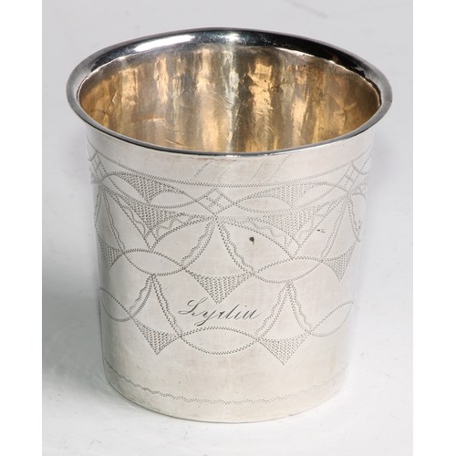 1006 - A Norwegian silver slightly tapered cylindrical beaker, engraved with wrigglework, 7.5cm high, 19th ... 