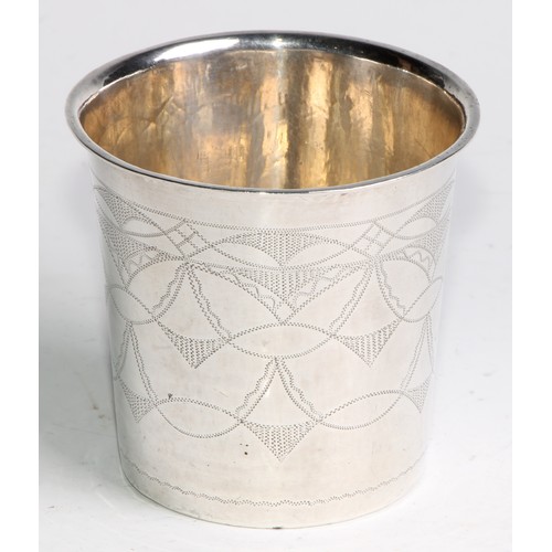 1006 - A Norwegian silver slightly tapered cylindrical beaker, engraved with wrigglework, 7.5cm high, 19th ... 