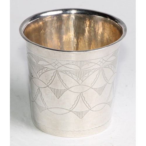 1006 - A Norwegian silver slightly tapered cylindrical beaker, engraved with wrigglework, 7.5cm high, 19th ... 