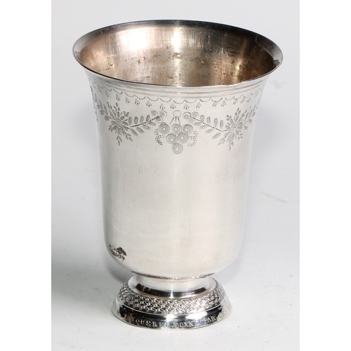 887 - A French silver bell shaped pedestal beaker, wrigglework engraved with leafy swags and pendants, dom... 