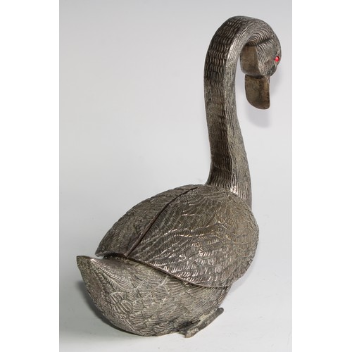 831 - A substantial silver plated table centre vase, as a swan, the articulated wings enclosing a posy hol... 