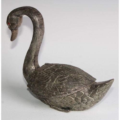 831 - A substantial silver plated table centre vase, as a swan, the articulated wings enclosing a posy hol... 