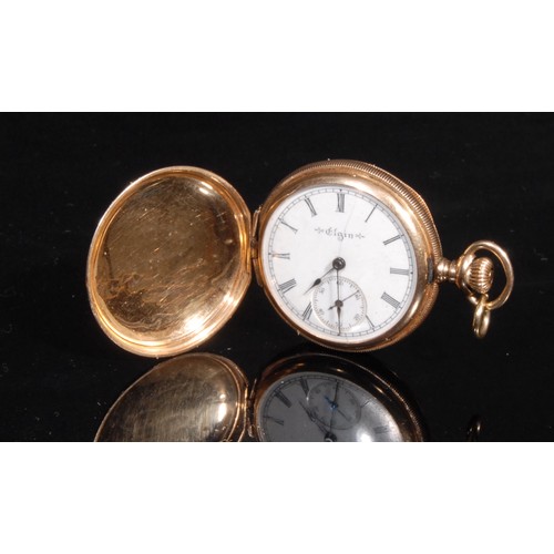 1286 - A full hunter Elgin pocket or fob watch, stamped '14K' for 14ct gold, white enamel dial, Roman numer... 