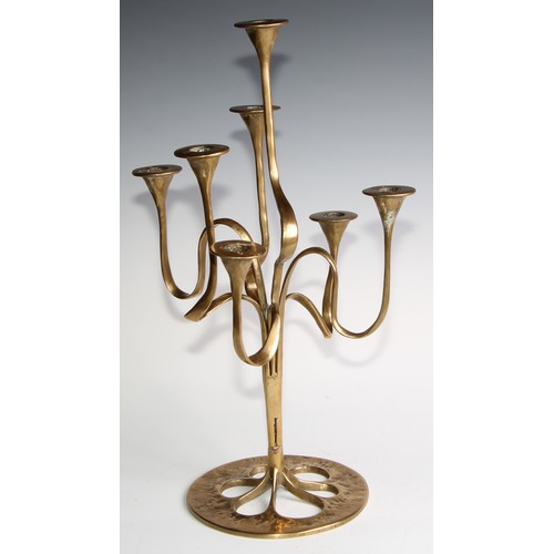 1693 - A Jugendstil or Art Nouveau style brass seven-light candelabrum, possibly Bäckhaus Solingen, sinuous... 