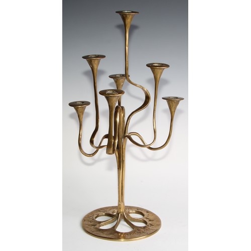 1693 - A Jugendstil or Art Nouveau style brass seven-light candelabrum, possibly Bäckhaus Solingen, sinuous... 