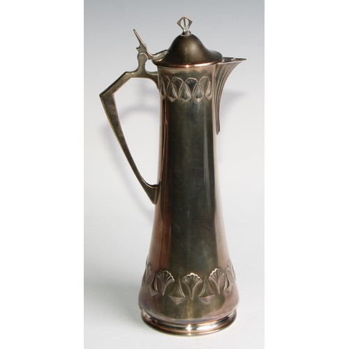 2608 - A W.M.F. Art Nouveau Jugendstil silver plated claret jug, Ginkgo design, of spreading cylindrical fo... 