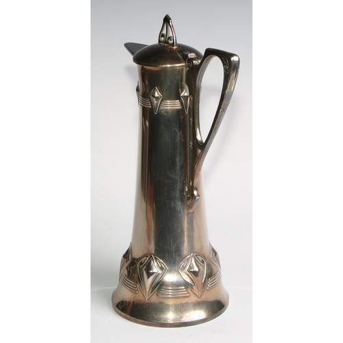 2609 - A W.M.F. Art Nouveau Jugendstil silver plated claret jug, Ginkgo design, of spreading cylindrical fo... 