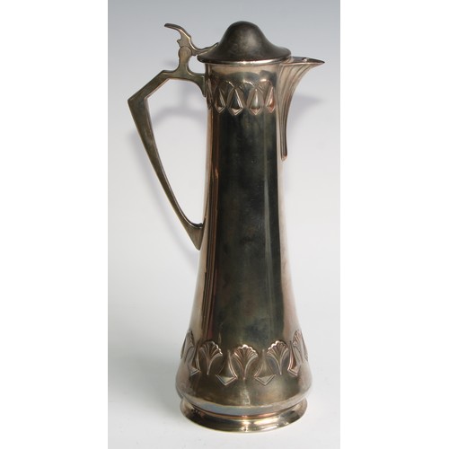 2610 - A W.M.F. Art Nouveau Jugendstil silver plated claret jug, Ginkgo design, of spreading cylindrical fo... 