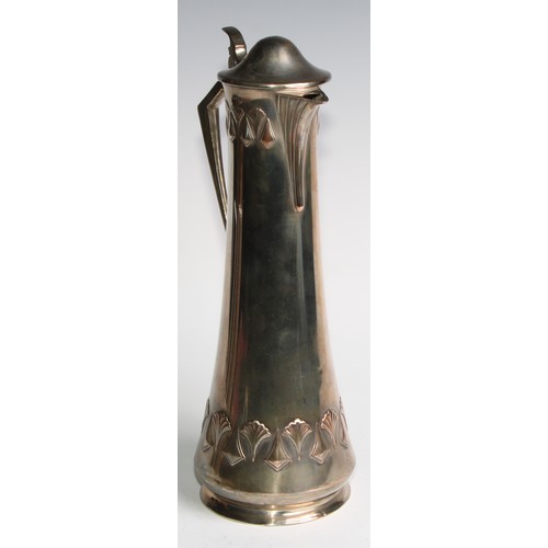 2610 - A W.M.F. Art Nouveau Jugendstil silver plated claret jug, Ginkgo design, of spreading cylindrical fo... 