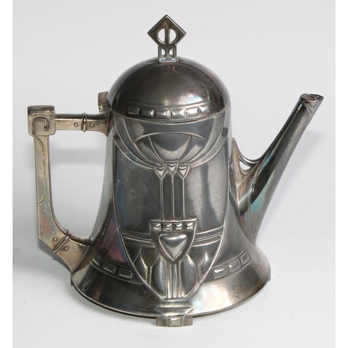 2612 - A W.M.F. Art Nouveau Jugendstil silver plated teapot, Ginkgo design, of spreading cylindrical form, ... 