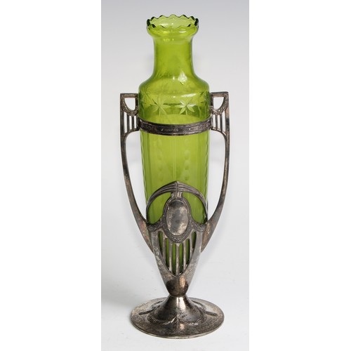 1916 - An Art Nouveau Secessionist silver plated two handled amphora shaped vase, angular scroll handles, s... 