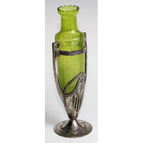 1916 - An Art Nouveau Secessionist silver plated two handled amphora shaped vase, angular scroll handles, s... 