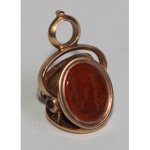 2142 - A 19th century gold coloured metal three-section rolling seal fob, agate, carnelian and blood agate ... 