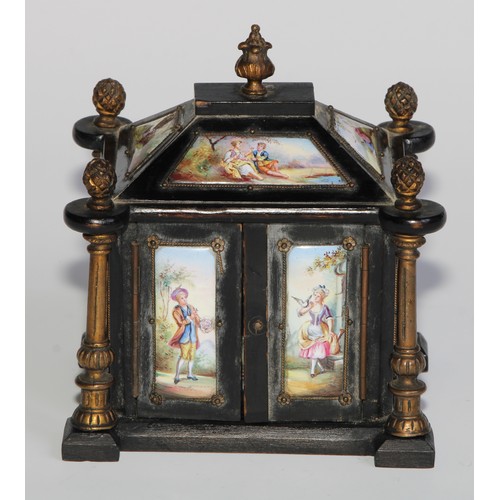 2272 - An Austrian enamel and gilt metal mounted ebonised miniature table cabinet, pagoda top with acanthus... 