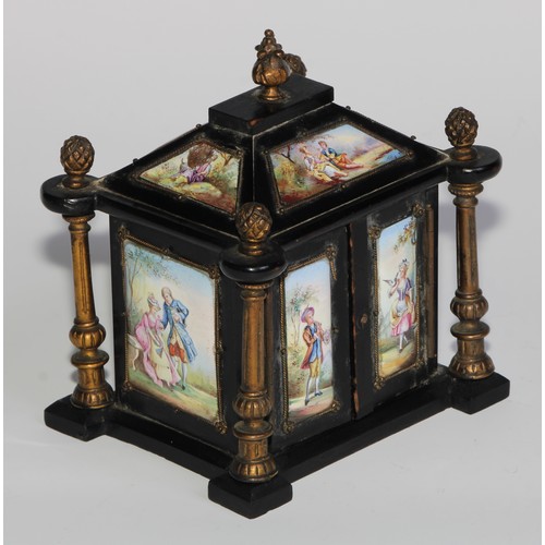 2272 - An Austrian enamel and gilt metal mounted ebonised miniature table cabinet, pagoda top with acanthus... 