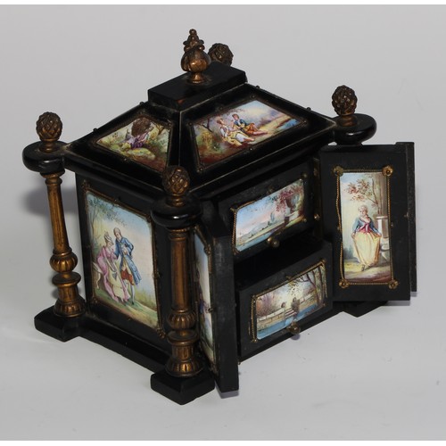 2272 - An Austrian enamel and gilt metal mounted ebonised miniature table cabinet, pagoda top with acanthus... 