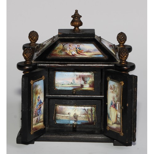 2272 - An Austrian enamel and gilt metal mounted ebonised miniature table cabinet, pagoda top with acanthus... 