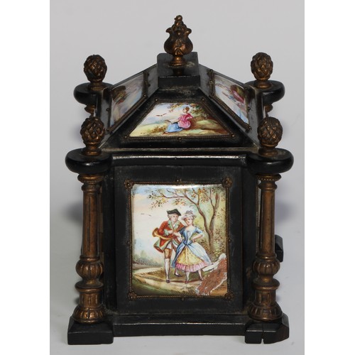 2272 - An Austrian enamel and gilt metal mounted ebonised miniature table cabinet, pagoda top with acanthus... 