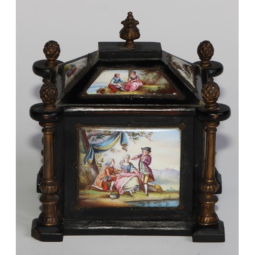 2272 - An Austrian enamel and gilt metal mounted ebonised miniature table cabinet, pagoda top with acanthus... 