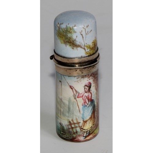 2273 - An Austrian silver-gilt mounted enamel cylindrical scent bottle, painted with a lady fishing, in a p... 