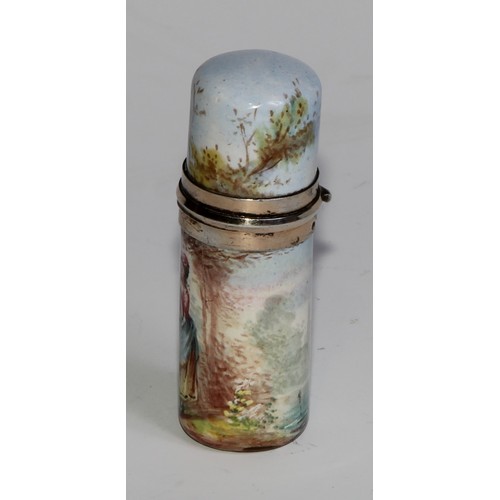 2273 - An Austrian silver-gilt mounted enamel cylindrical scent bottle, painted with a lady fishing, in a p... 