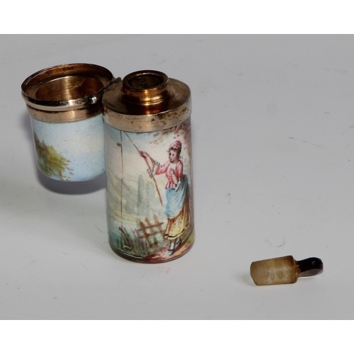 2273 - An Austrian silver-gilt mounted enamel cylindrical scent bottle, painted with a lady fishing, in a p... 