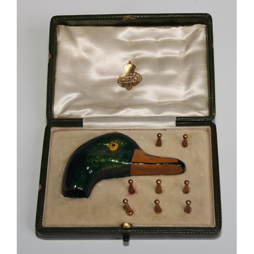 2275 - An early 20th century enamel novelty parasol handle, as the head of a mallard duck, 7cm long, eight ... 