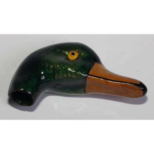 2275 - An early 20th century enamel novelty parasol handle, as the head of a mallard duck, 7cm long, eight ... 