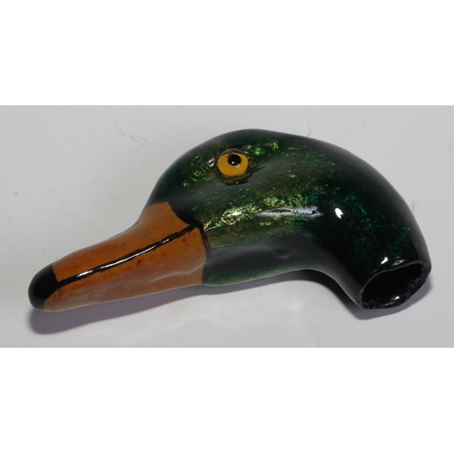 2275 - An early 20th century enamel novelty parasol handle, as the head of a mallard duck, 7cm long, eight ... 