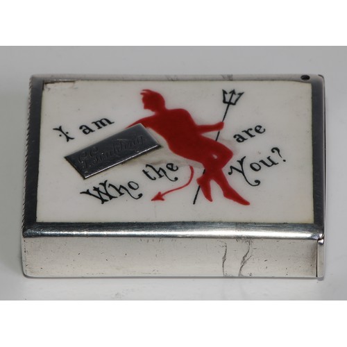 1082 - A Victorian silver and enamel rectangular novelty vesta case,  decorated with a comical rebus, I am ... 