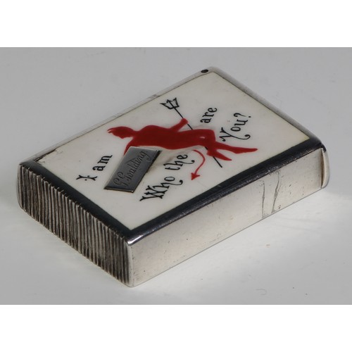 1082 - A Victorian silver and enamel rectangular novelty vesta case,  decorated with a comical rebus, I am ... 