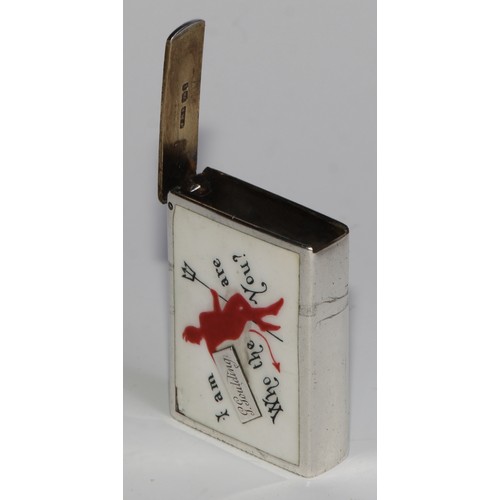 1082 - A Victorian silver and enamel rectangular novelty vesta case,  decorated with a comical rebus, I am ... 