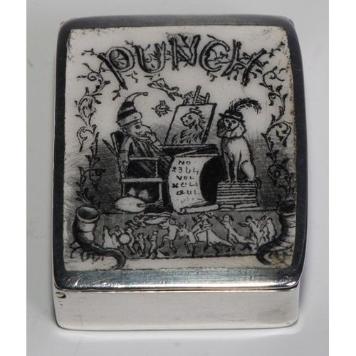 1225 - Punch - a Victorian silver and enamel vesta case, hinged cover decorated with Mr Punch and Toby, str... 