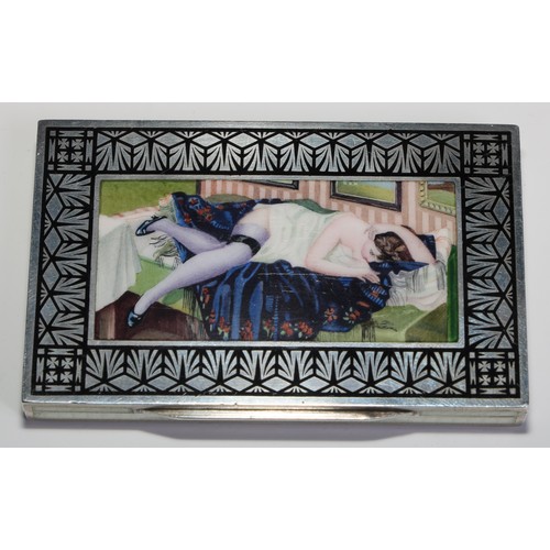 1143 - An early 20th century Continental silver and enamel rectangular erotic snuff box, hinged cover decor... 