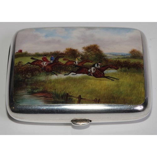 1083 - A Victorian silver and enamel rounded rectangular cigarette case, hinged cover decorated with a hors... 