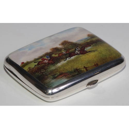 1083 - A Victorian silver and enamel rounded rectangular cigarette case, hinged cover decorated with a hors... 