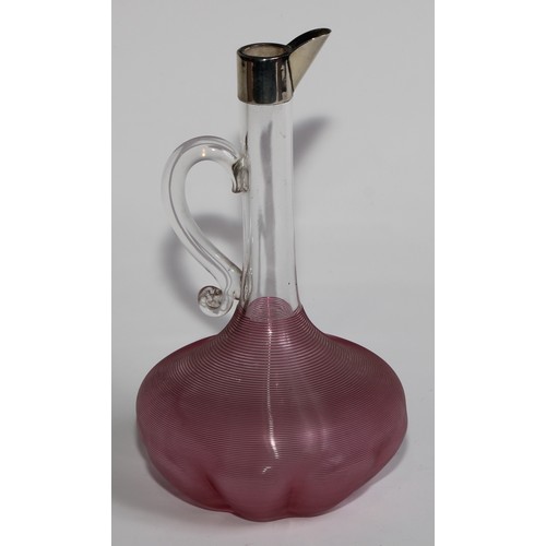 1168 - An Edwardian silver mounted cranberry overlaid glass fluted mallet shaped liqueur or claret jug, 20c... 