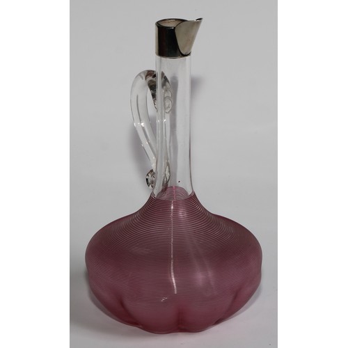 1168 - An Edwardian silver mounted cranberry overlaid glass fluted mallet shaped liqueur or claret jug, 20c... 