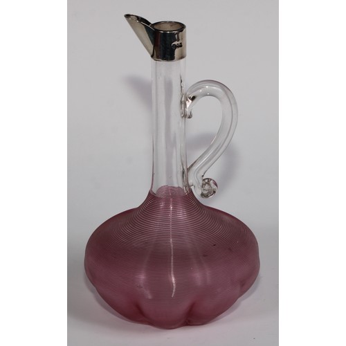 1168 - An Edwardian silver mounted cranberry overlaid glass fluted mallet shaped liqueur or claret jug, 20c... 