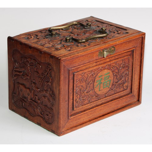 383 - A Chinese mahjong set, comprising bone and bamboo tiles and an arrangement of bone counters, the box... 