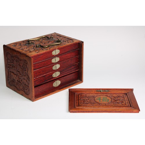 383 - A Chinese mahjong set, comprising bone and bamboo tiles and an arrangement of bone counters, the box... 