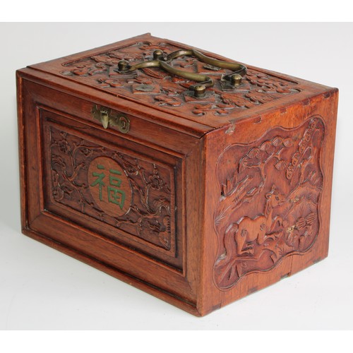 383 - A Chinese mahjong set, comprising bone and bamboo tiles and an arrangement of bone counters, the box... 